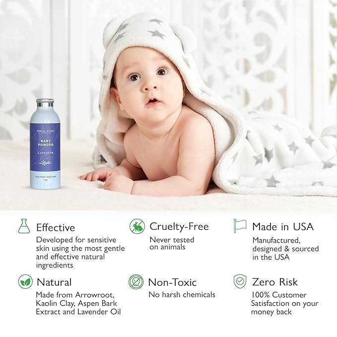 SoCal Suds & Company - Natural Baby Powder Talc-Free - with Arrowroot Powder, Kaolin, Aspen Bark Extract for Soft Soothing Protected Skin - Gentle Absorption - Lavender, 4oz, 2-Pack