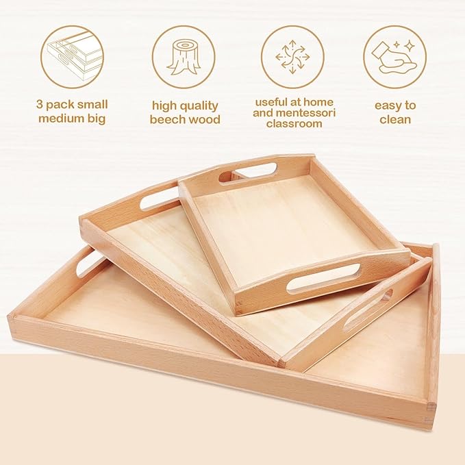 Montessori Wooden Trays with Handles, 3 Pack Small Medium Big Quality Wood Tray for Toddlers and Kids Montessori Activities, Trays to Store Toys and Educational Aids at Home Kindergarten (Beech)