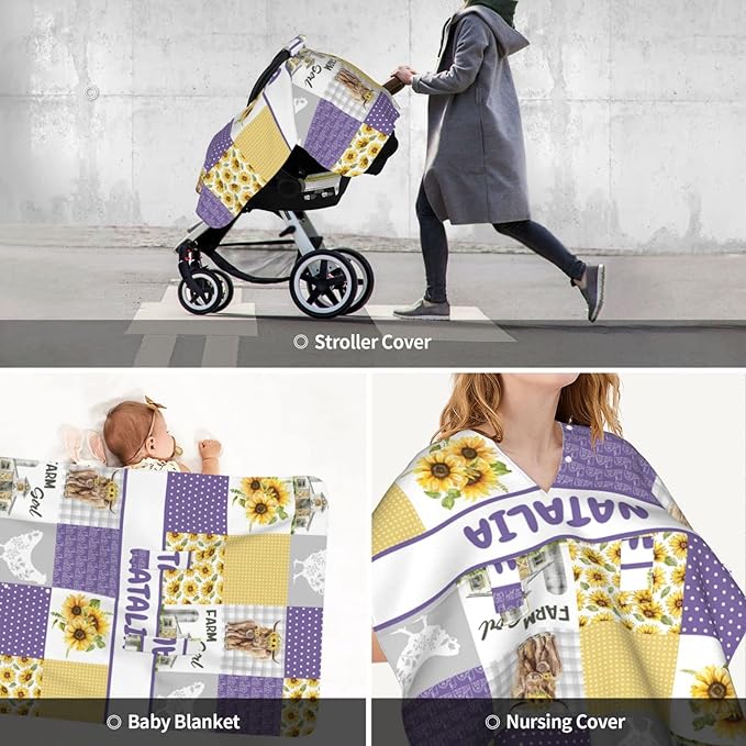 Personalized Baby Car Seat Canopy for Girls, Custom Name Baby Car Seats Covers for Babies, Opening Minky Nursing Breastfeeding Stroller Cover Infant Carseat Canopies for Newborn (Farm Cow Purple)