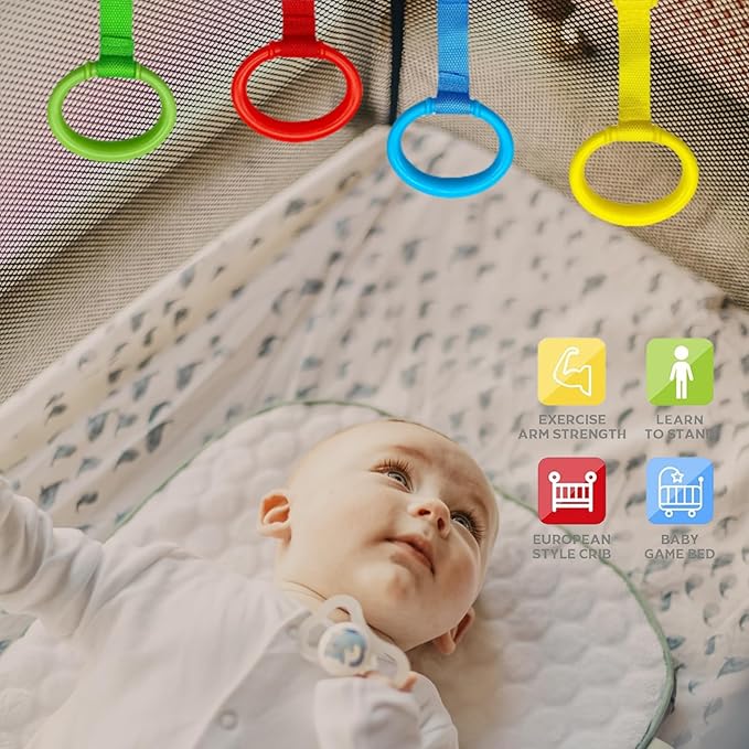 6PCS 4 Colors Baby Playpen Pull up Rings-Plastic Crib Pull Rings Walking Exercises Assistant Stand Up Cot Hanging Ring for Infant Baby Toddler