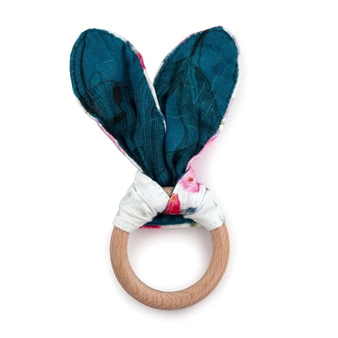 Kanga Care Baby Soft Muslin Sensory Crinkle Bunny Ear Wood Teething Ring - Lily Flowers