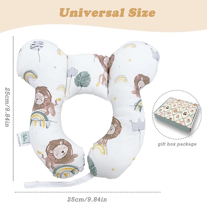 Toddler Travel Pillow Head Body Support for Car Seat and Stroller, Soft Reversible U-Shape Seat Comfort Accessory, Cartoon Lion