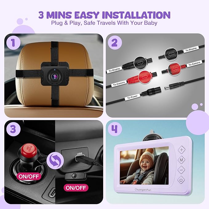Baby Car Camera with Advanced Crystal-Clear Night Vision, 3X Zoom, USB Powered, 5'' AHD 1080P IPS Car Baby Monitor, Backseat Camera for Kids Infants Rear Facing Mirror, 5inch, Purple