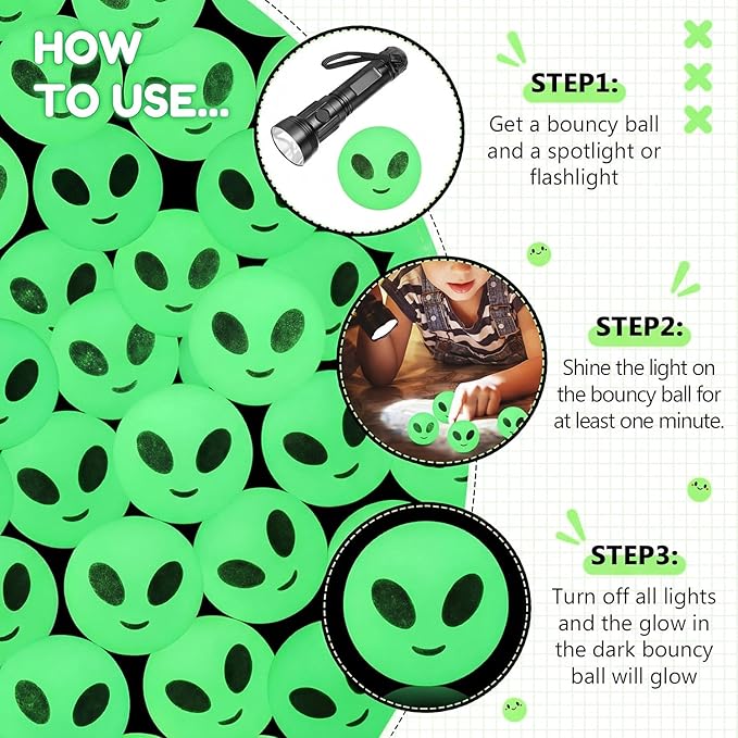 Seenelling 24 Pcs Alien Glow in The Dark Bouncy Balls Aliens Rubber High Bouncing Balls Space Party Favors Easter Toys Halloween Goodie Bag Stuffer Classroom Gifts