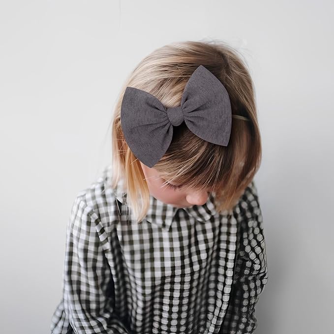 Big Bows Hairbands, 8 PCS Handmade Baby Girl Headbands with Bows, Stretchy Nylon Newborn Toddler Hairbands, Tan