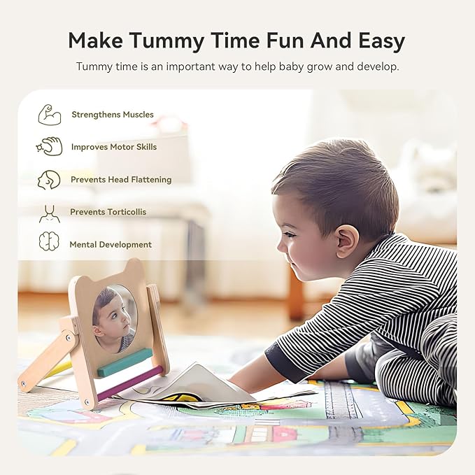 IEATFO Rotating Baby Safe Mirror with 120 Pages Visual Stimulation Cards - Wooden Tummy Time Mirror Toys - Black White Red and Color High Contrast Baby Flashcards for Brain and Cognitive Development