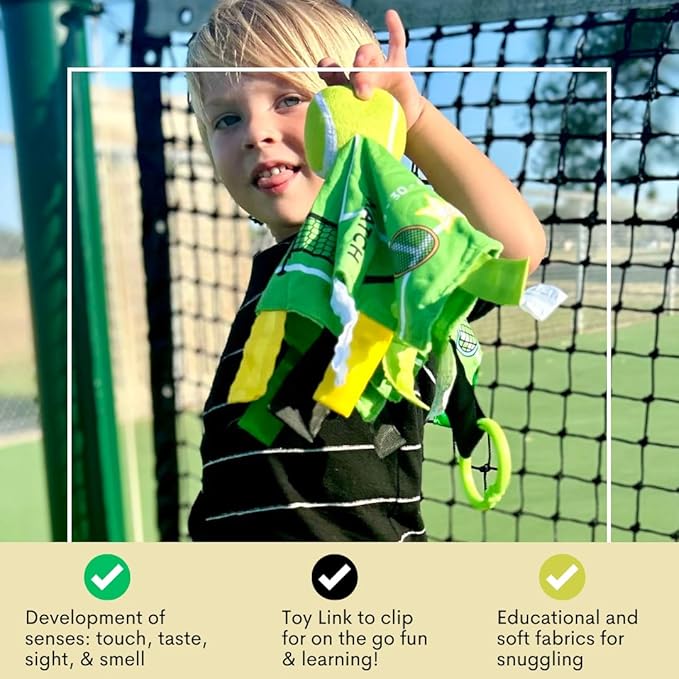 Baby Jack & Co 10x10” Tennis Sports Lovey Sensory Plush Blanket - Tag Toys for Babies - Baby Stroller Toys - Learn Shapes, Letters & Colors - Perfect MVP Baby Toy & Baby Sports Gift w/Stroller Clip