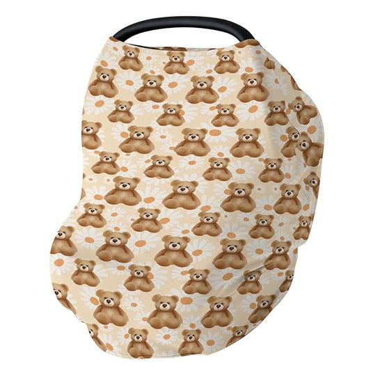 Vintage Bear Daisy Baby Car Seat Covers Retro Bears Boho Floral Stretchy 5-in-1 Cover Adjustable Car Canopy Breastfeeding Cover Spring Animals Breathable Nursing Cover-Up