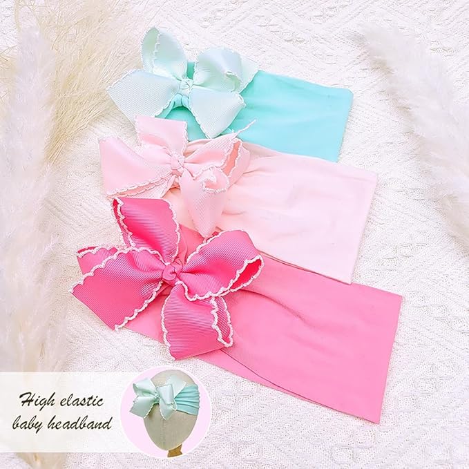 Baby Girl Soft Nylon Bow Elastic Headband Turban Toddler Infant Bow-knot Stretchy Hair Band Birthday Party Hair Bow Ribbon Accessories for Newborn Baby (Bow 1 - Green, Elastic)