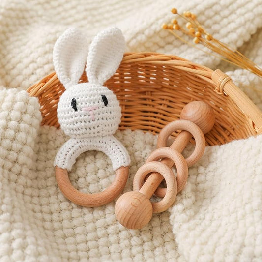 Wooden Baby Rattle, Crochet White Bunny Rattle and Wood Rattle Set, Newborn Wooden Animal Rattle Toy, Baby Wooden Rattle Toy 2PCS