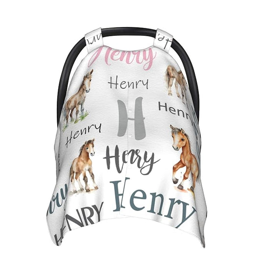 Personalized Baby Car Seat Cover Custom Name CarSeat Canopy Customized Horse Newborn Nursing Breastfeeding Cover Minky Baby Blanket Infant Car Seat Canopies for Baby Girls Boys