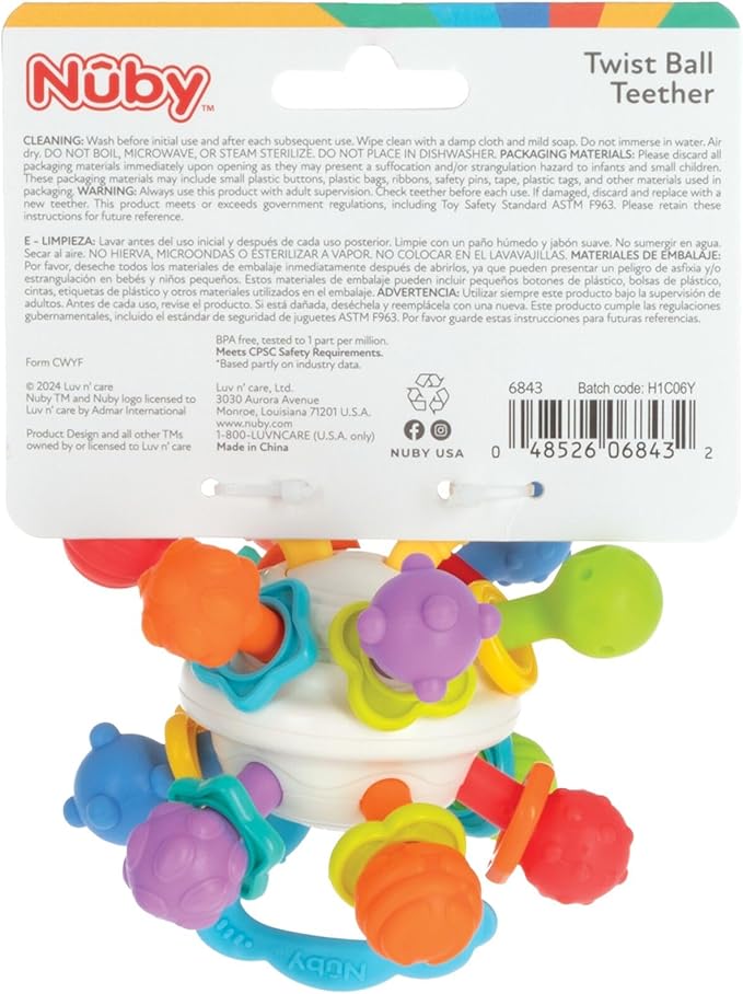Nuby Twist Ball Teether Activity Toy with Rattle and Fun Bright Colors - Montessori Sensory Toy Develops Fine Motor Skills - 3 + Months - Easter Basket Stuffer
