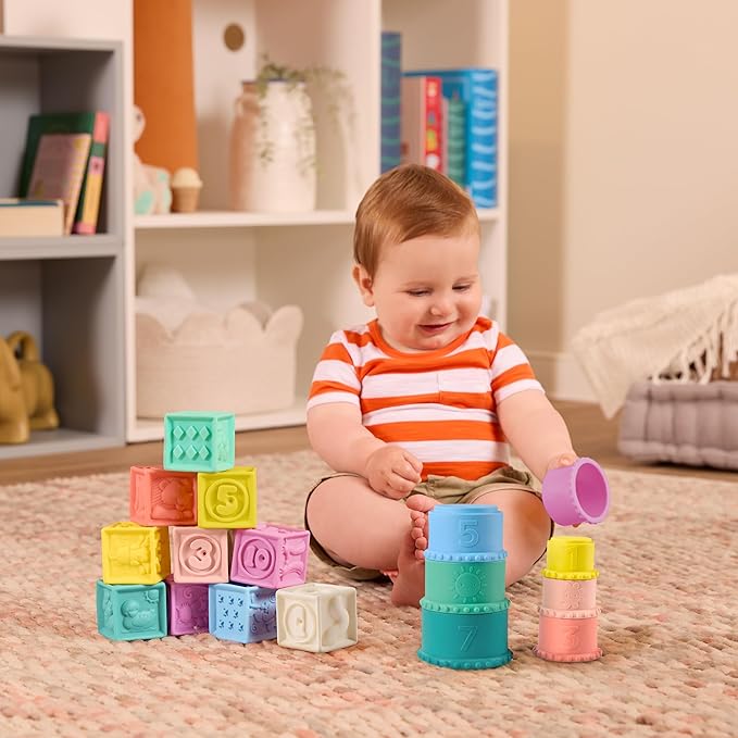 B. toys – Sensory Baby Toys – Soft Baby Blocks – Stacking Drip Cups – Numbers, Shapes & Animals – 6+ Months – Stackin' Squishies