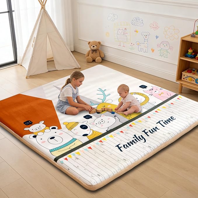RONGFA Baby Play Mat 50x50x1.3 Inch, Memory Foam Crawling Mat, Non-Slip Water-Repellent Playpen Mat, Soft Cushioned Floor Mat for Infants Toddlers (Animal)