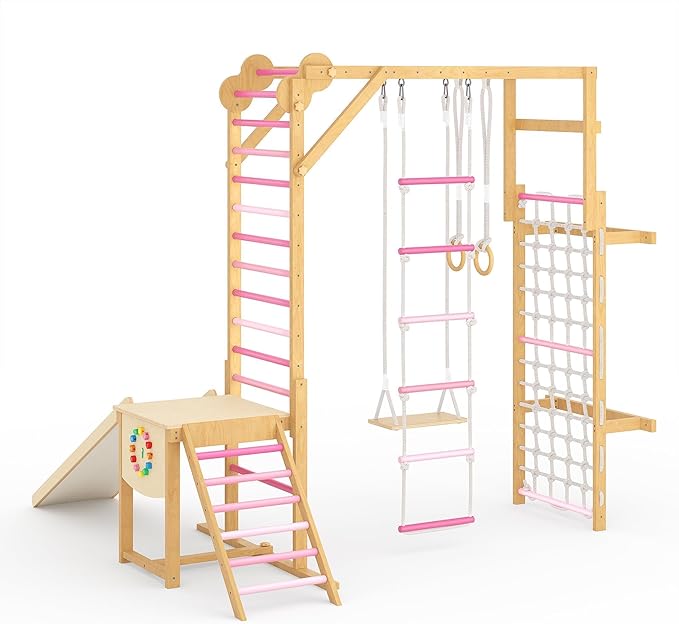 PeakPursuit 8-in-1 Indoor Jungle Gym for Kids Ages 3-10, Wooden Climbing Structure with Slide, Swing, Monkey Bars, Gymnastic Rings, Climbing Rope – Indoor Playground Toy – Natural Wood Pink