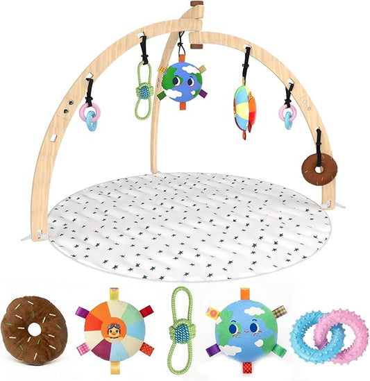 QDAN Puppy Play Gym, Wooden Frame with 6 Hanging Puppy Toys, Adjustable Straps, Puppy Enrichment Toys to Keep Them Busy