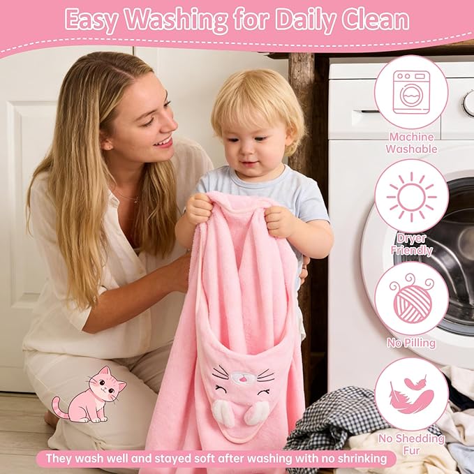 Hooded Baby Towel, Premium Soft Coral Fleece Baby Towel for Baby, Newborns, Toddlers, Infant- Ultra Absorbent, Natural Baby Stuff Towel with Hood for Boys and Girls (Pink Cat)