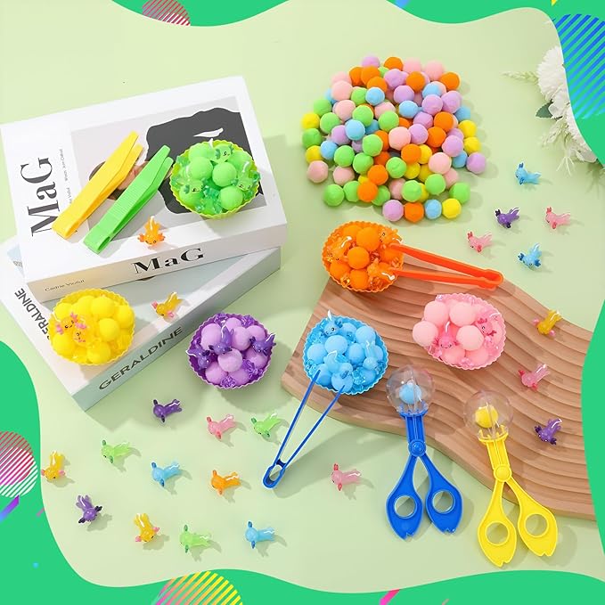 320 Pcs Axolotl Sensory Bin Fillers 200 Pompoms 42 Resin Axolotl Tweezers Scissors Clips Cups Fine Motor Skills Sets