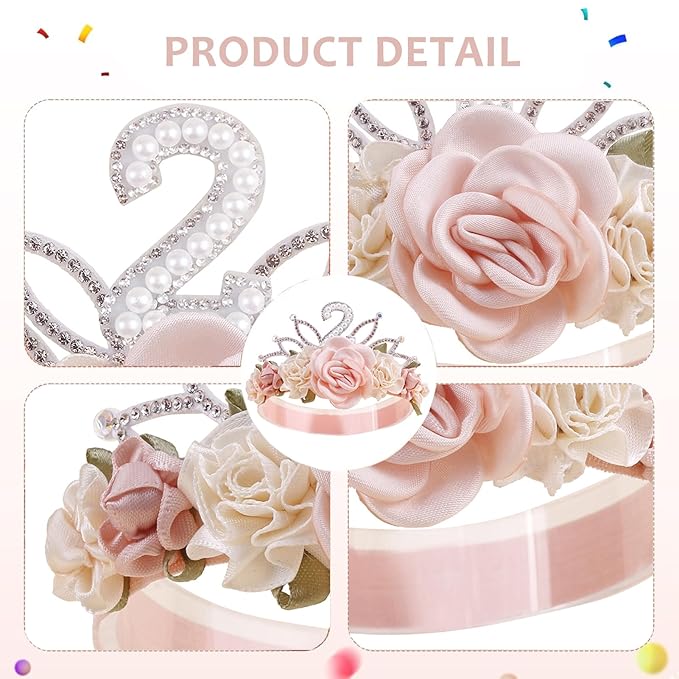 cherrboll Flower Headband Birthday Crown for Girl, Floral Nylon Hairband for 1-3 Years Old Toddler, 2nd Birthday Party Dress Photo Decoration Hair Accessory