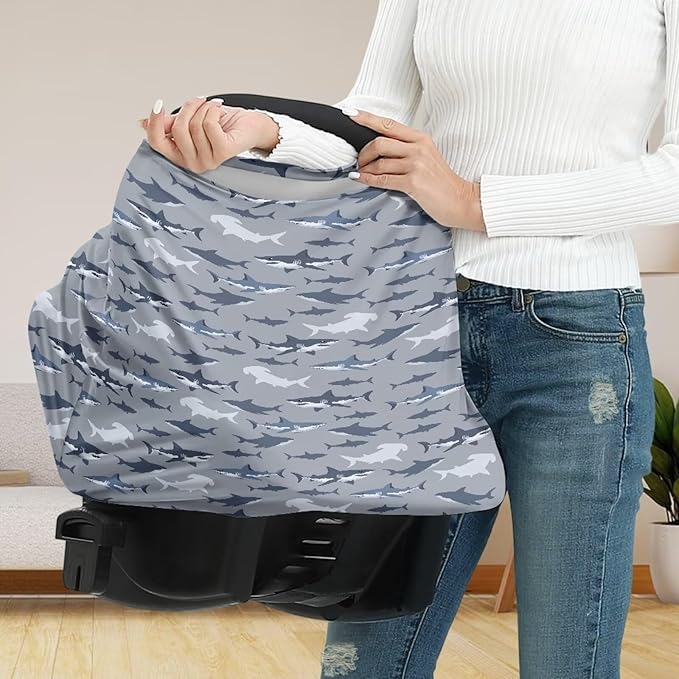 GIFTPUZZ Shark Nursing Cover for Breastfeeding Baby Car Seat Cover for Girls Boys Nursing Scarf Breastfeeding Ultra-Soft Car Seat Canopy Breathable Universal All Weather Full Protection