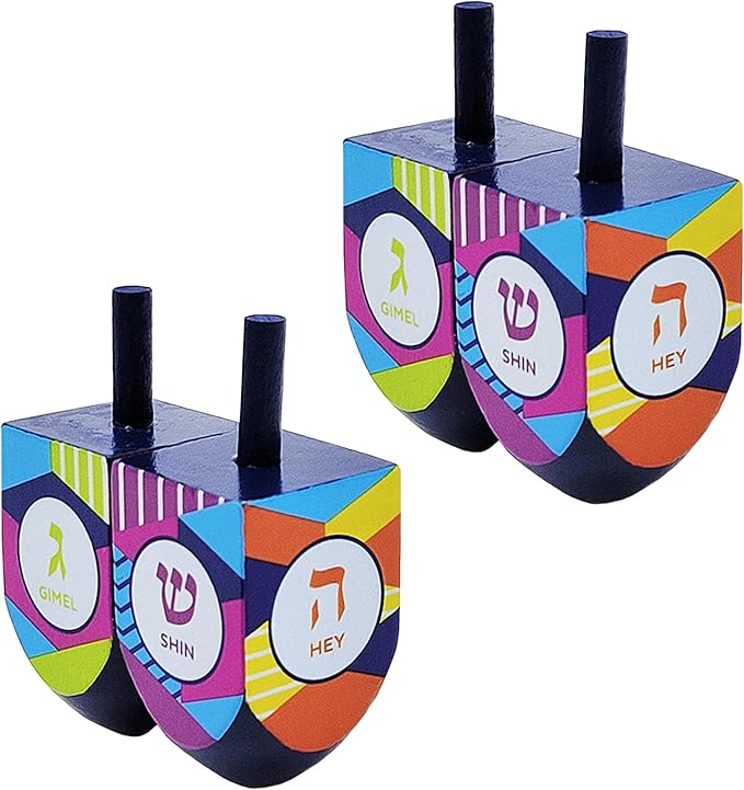 The Dreidel Company Extra Large Hand Painted Wood Hanukkah Dreidels, 24-Pack Retro Dreidel Design