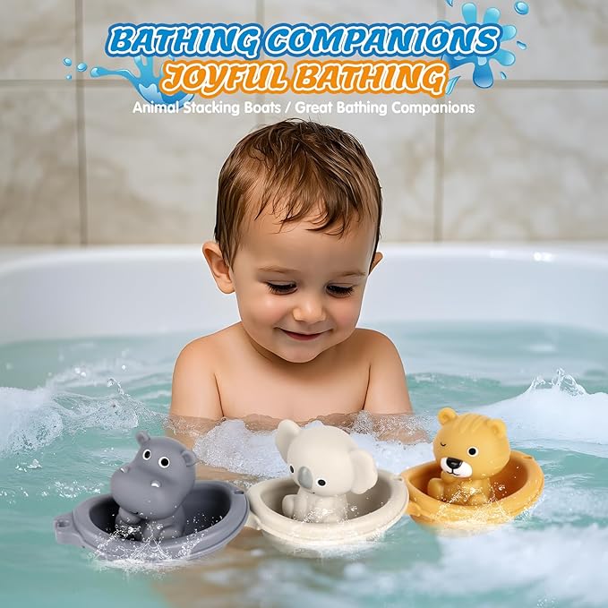 Bath Pool Toys for Toddler, Stacking Toy with 3 Boat 3 Sensory Finger Puppets, Toddler Toys Gifts for 2-4 Year Old Boy Girl, Model B