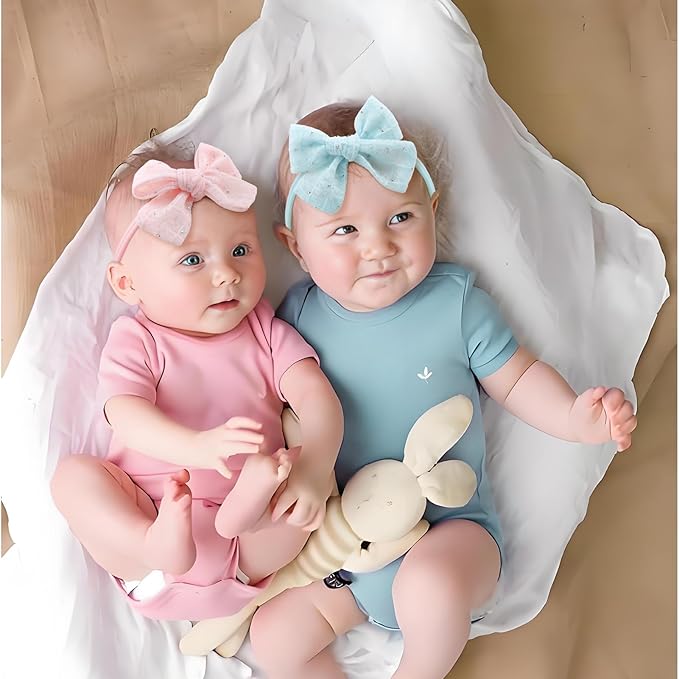 YanJie 3PCS 4’’ Lace Hair Bow for Girls Soft Nylon Baby Headbands Rhinestone Pink Blue Off White Bows Hair Accessories for Newborn Infant Toddler Girl