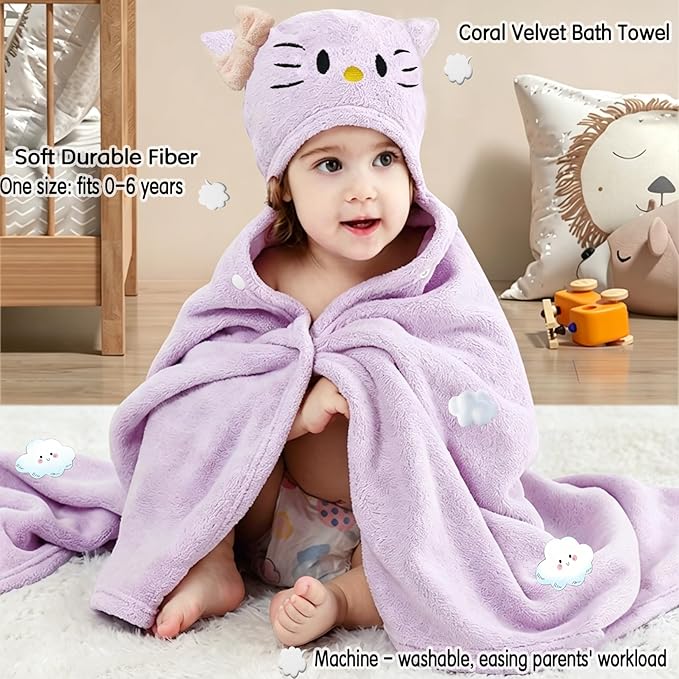 Toddler Baby Bath Towel with Hood 27.5"X55" Ultra Absorbent Soft Cozy Comfort Bathrobe Blanket, 0-6 Years Infant Shower Towel for Girls & Boys(Purple-Cat)