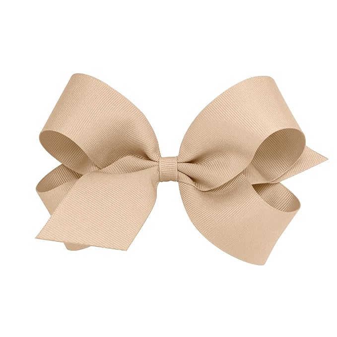 Wee Ones Girls' Classic Grosgrain Hair Bows with Plain Wrap Center, No-Slip Hair Clip, Handmade, Oatmeal, Large