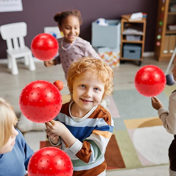 12PCS Bouncy Balls for Kids Toddlers, 7 Inch Sensory Balls Spiky Massage Stress Ball Bulk with Air Pump, Indoor Outdoor Sports Sensory Toys & Party Favors(Red)