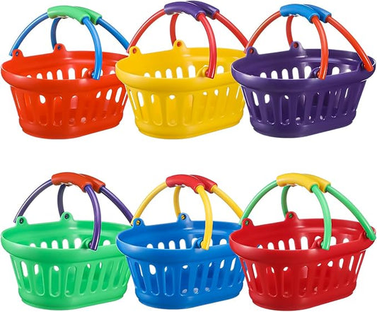 Reallnaive 6 Pack Plastic Small Baskets with Handle Bulk Colorful Picnic Shopping Stack of Baskets for Grocery Storage for Picnic Camping Easter Party Supplies