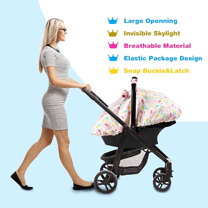 SMTTW Baby Car Seat Cover - Universal Fit, Snug, Breathable, Canopy for Boys/Girls, Ideal for All Seasons (Flamingo)