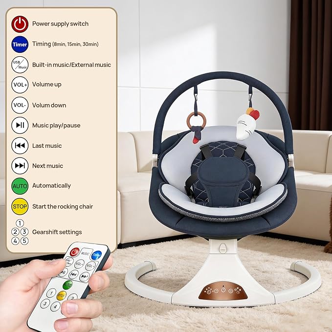 Baby Swings for Infants to Toddler, Electric Baby Swing with Remote, 5 Speeds, Bluetooth & Safety Lock, Portable Baby Swing for Indoor and Outdoor (Dark Blue)