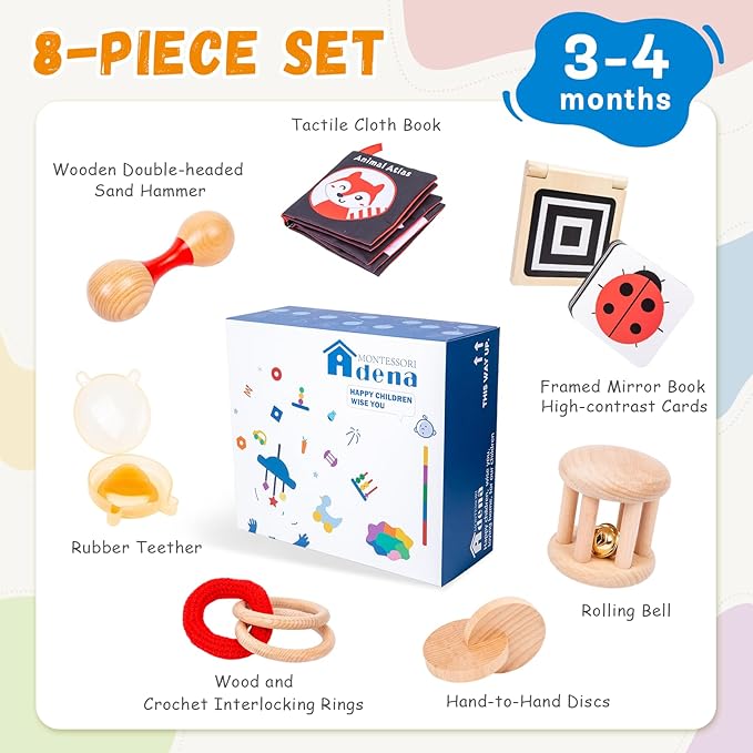 Adena Montessori Play Kit for 3-4 Months Baby,8 in 1 Wooden Learning Educational Toys for Toddler,Include Framed Mirror Book,High-Contrast Cards and More,Christmas Birthday Gift for Boys Girls