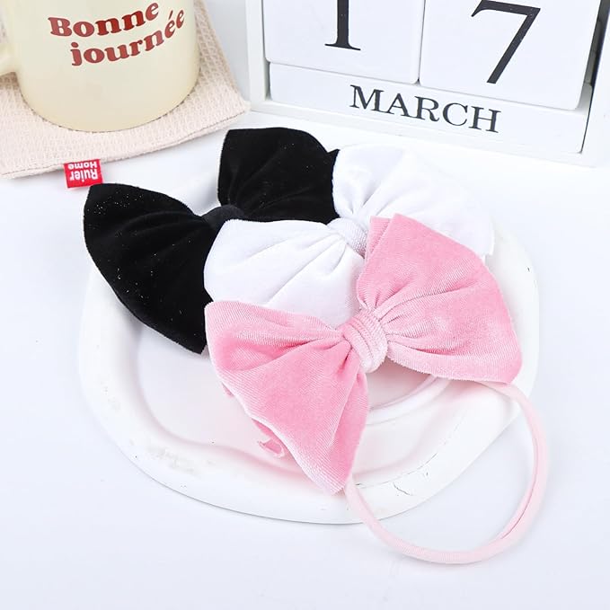 YanJie Newborn Velvet Nylon Soft Elastics Bows Hairbands and Hair Accessories for Infants, Toddlers, Child (Black White Pink)