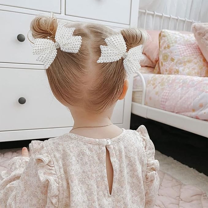 4Pcs Pearl Hair Bows for Girls, White Butterfly Flower Hair Bow Clip Wedding Hair Accessories for Baby Infants Toddlers Kids (Small size)