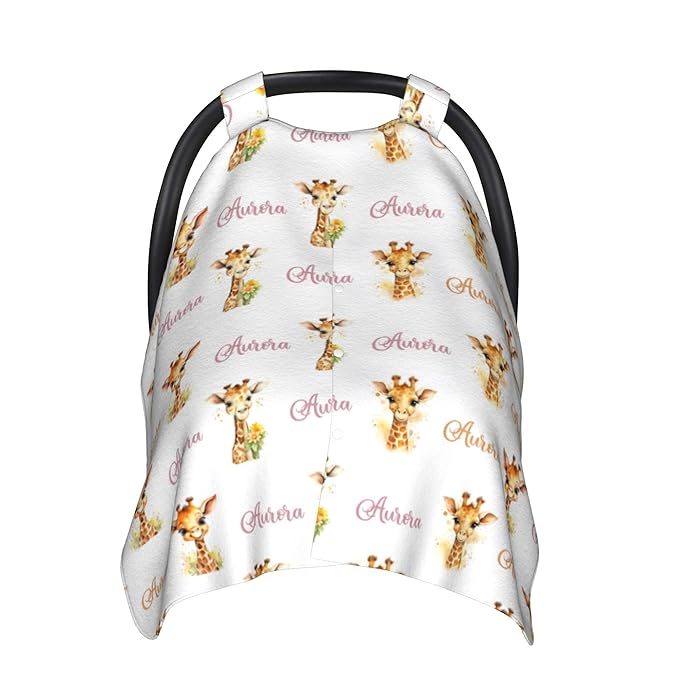 Personalized Baby Car Seat Canopy Minky Giraffe Baby Blanket Custom Name Baby Car Seat Cover Girls Boys Infant Newborn Carseat Canopy Nursing Cover for Stroller Car Seat Canopies
