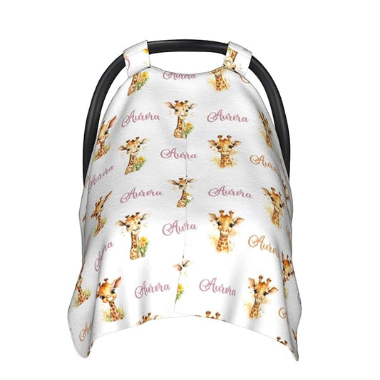Personalized Baby Car Seat Canopy Minky Giraffe Baby Blanket Custom Name Baby Car Seat Cover Girls Boys Infant Newborn Carseat Canopy Nursing Cover for Stroller Car Seat Canopies
