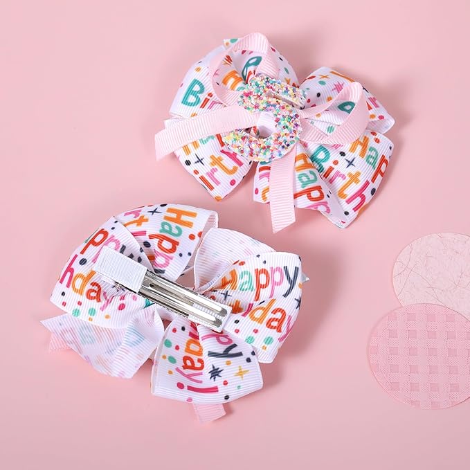 3.5in Glittery Happy Birthday Ribbon Hair Bow Clips for Teens Toddler Girls Pink Sprinkle Confetti Ice Cream Party Dress Pigtail Decoration Accessories for Kids 5th Birthday