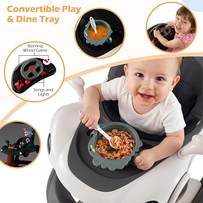 INFANS 6-in-1 Foldable Baby Walker, Converts Push Car to Bouncer, Rocker with Music, Lights, Adjustable Height & Speed, Activity Center, Canopy for 7-18 Months (Gray White)