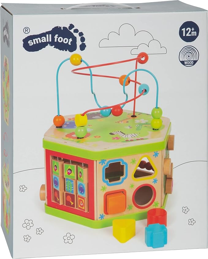 Small Foot Wooden Toys Safari Theme 12" Activity Cube Center 7-Sided Designed for Motor Skills Training Designed for Children 12+ Months, Multi