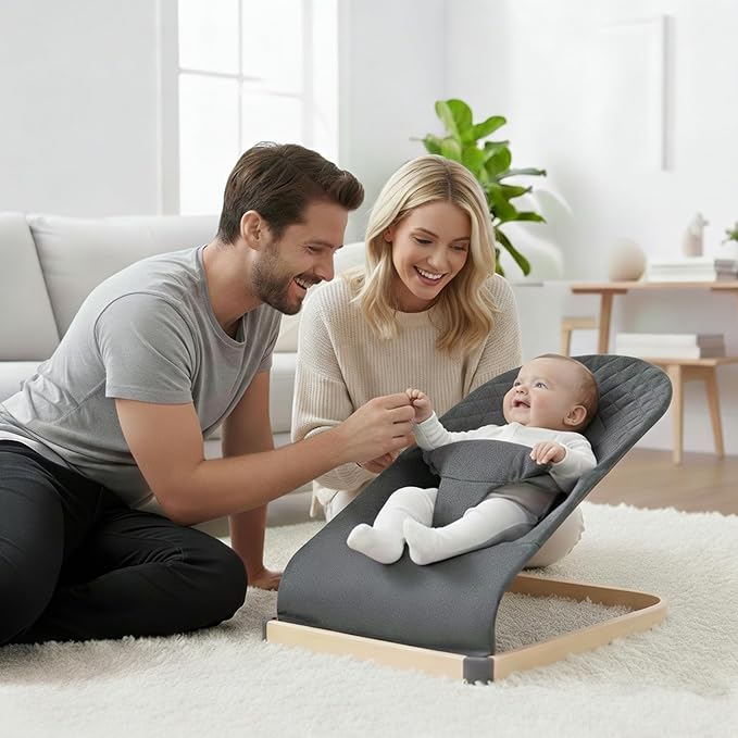 Baby Bouncer, Portable Infant Bouncer Seat with Soft Breathable Fabric, Contoured Supportive Rocker for 0-9 Months, Foldable Baby Swing Chair with 3-Point Harness for Indoor Outdoor, Grey