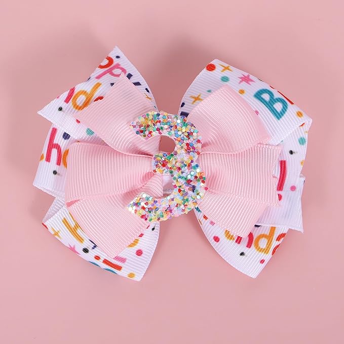 2pc Glitter 3rd Birthday Party Gift Hair Bows 3.5" Cute Sparkly Happy Birthday Ribbon Hair Clips Sprinkle Confetti Bow Hair Barrettes Dress Decor Accessory for Teens Toddler Girls Kids
