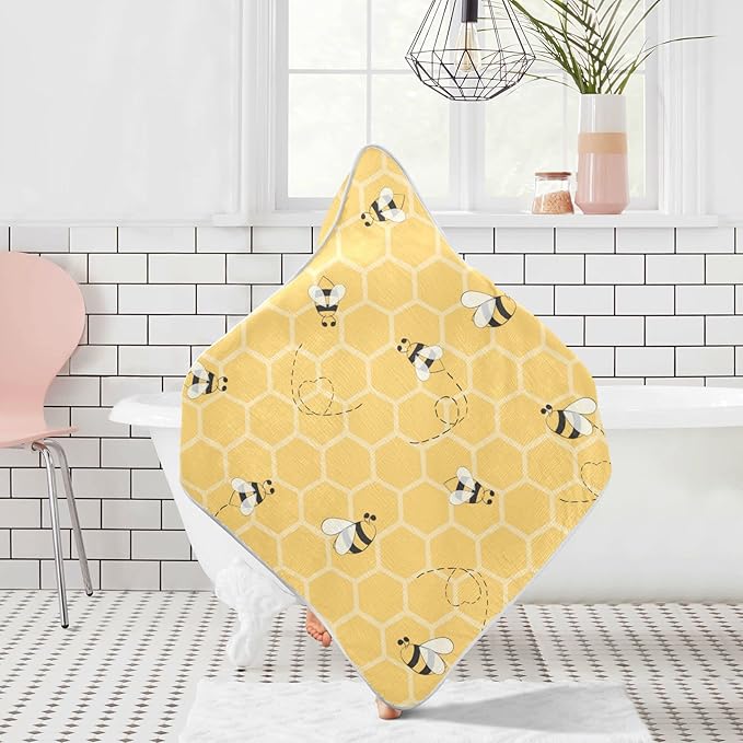 Honey Bees Baby Boys Girls Bath Towel Yellow Bumblebee Beehive Hooded Towels Newborn Toddlers Organic Cotton Washcloths Shower Beach Towel 35 x 35 Inch