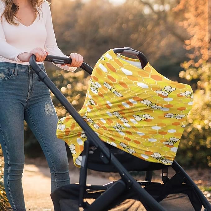 Forchrinse Cartoon Bee Nursing Breastfeeding Cover for Newborn,Multi-Use Baby Car Seat Cover Canopy Shopping Cart Cover High Chair Cover Washable