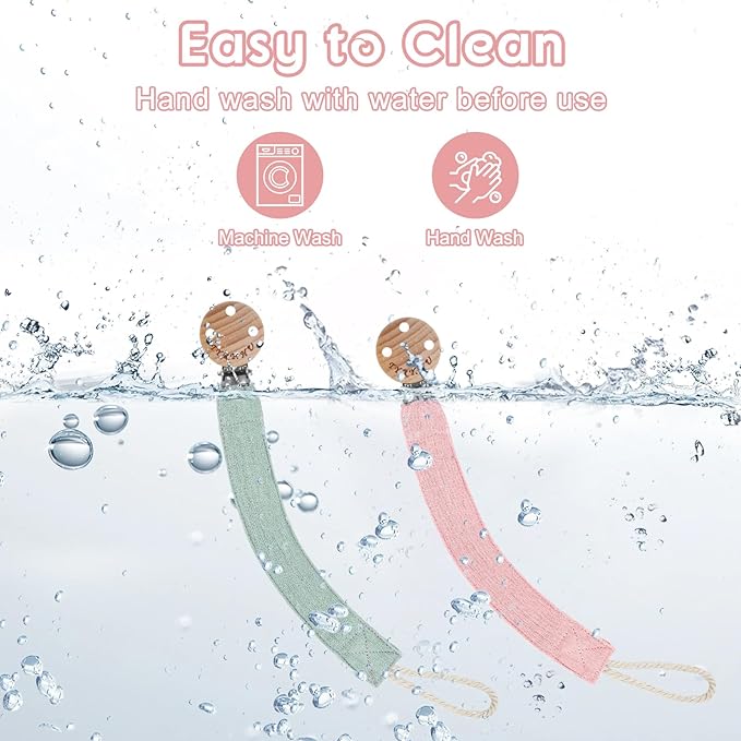 TYRY.HU Ribbon Pacifier Clip Holder,2 Pack Binky Paci Holder Clips, Pacifier Leash for Baby Boys and Girls, Fabric Pacifier Strap Universal Fits for Most Pacifier, Styles & Teethers Toys(Green,Pink)