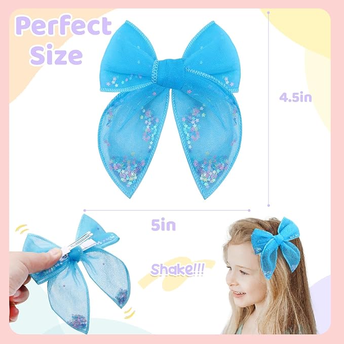 6 PCS Tulle Hair Bows for Girls, CN Toddler Bows with Glitter Star Alligator, Colorful Hair Barrettes Wedding Hair Accessories for Baby Girls Infants Toddler Teens Party (Type B)