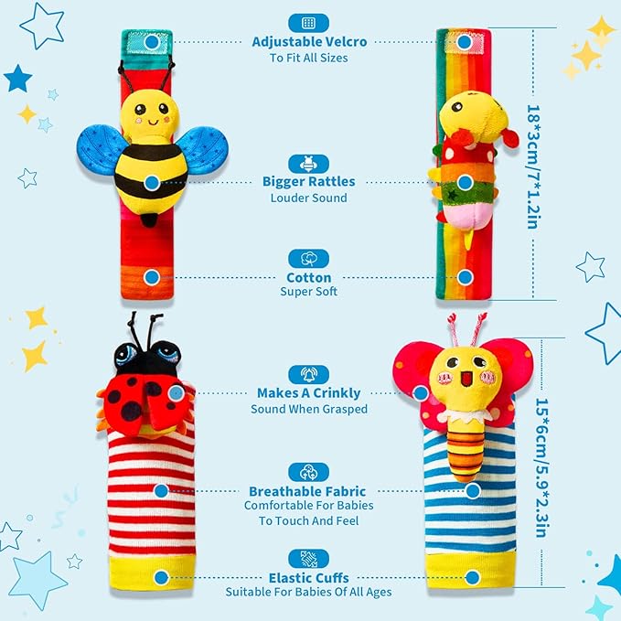 Baby Rattles Toys for 0-6 Months - Infant Toys 0-3 Month Old Baby Boy Girl Gifts Set with Teething and Wrist Socks Rattle Infant Newborn Sensory Toy Easter Basket Stuffers