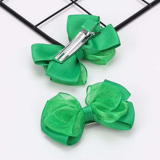 Tiny 3 Inch Organza Double Hair Bow Clips - Lined Boutique Alligator Hairpin for Baby Girls, Toddlers, and Little Teens - Kids Barrettes Set of 2 Small Stylish (Green)