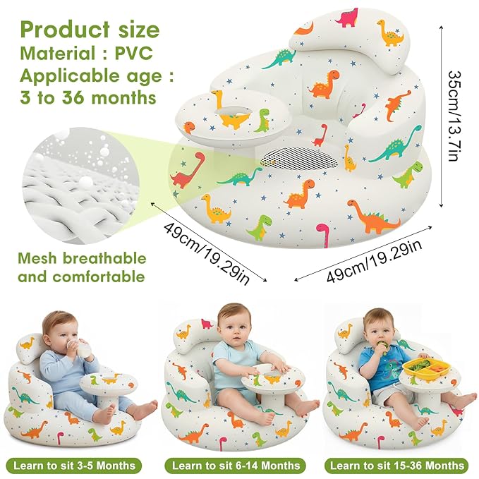 Inflatable Baby Seat with Tray and Built-in Air Pump, 3-36 Months Baby Floor Seat for Sitting Up, Portable Blow Up Baby Chair for Feeding, Travel, Beach (Dinosaur)